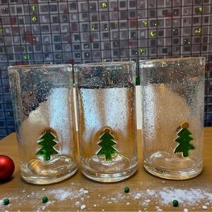 Set of 3 fused glass tumblers, with adorable little Christmas trees, hand blown
